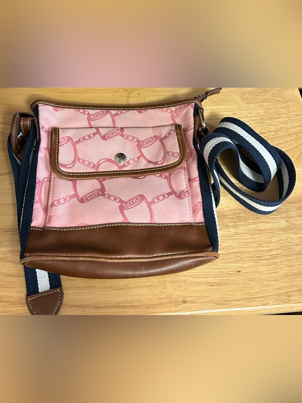 Chaps Pink Jacquard Crossbody with Brown Leather Trim and Navy-Striped Strap